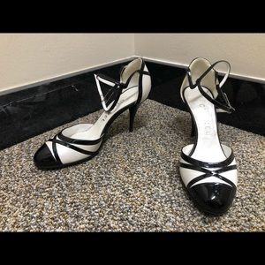 Chanel Black and White Heels with Pearl Stud